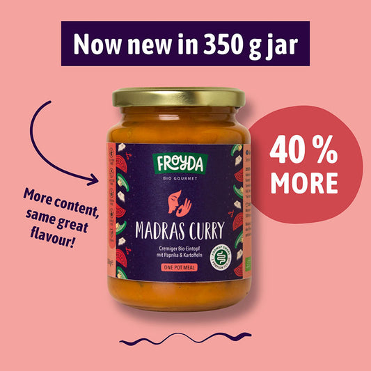 Froyda Organic Madras Curry – Now new in 350 g jar. 40 % More content. Same great flavour!