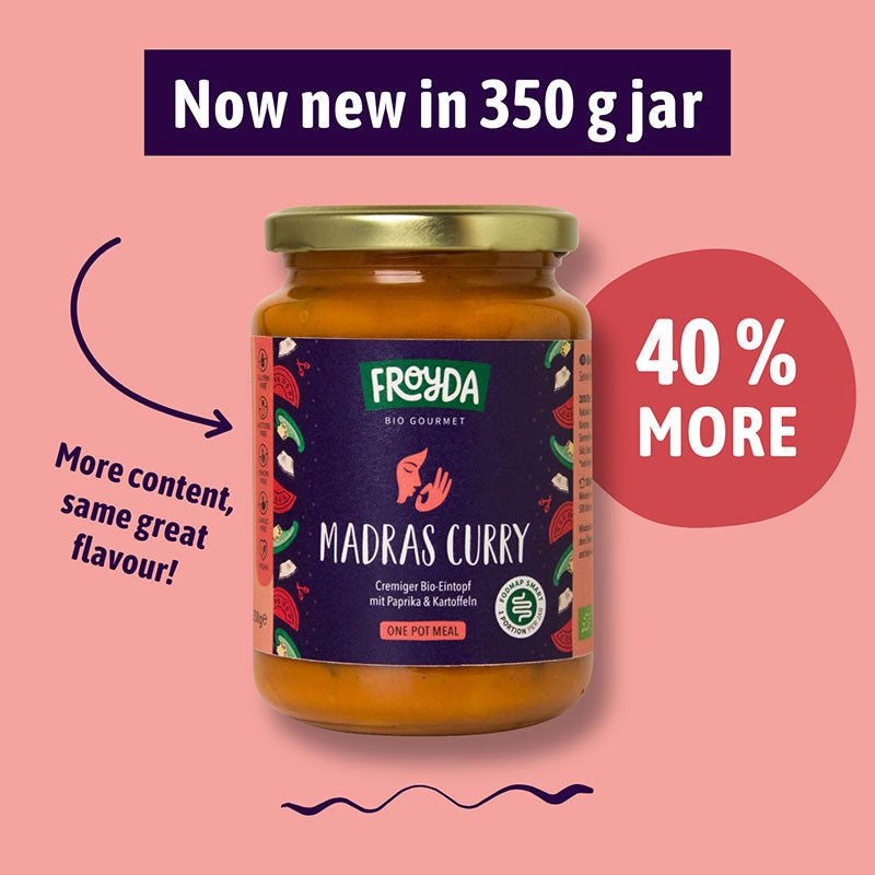 Froyda Organic Madras Curry – Now new in 350 g jar. 40 % More content. Same great flavour!