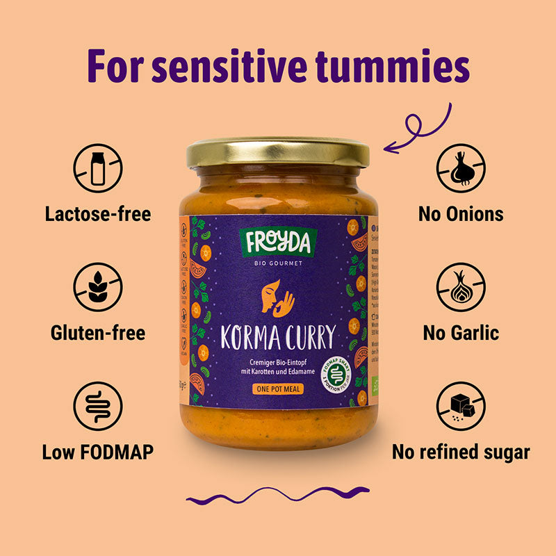Froyda organic Korma Curry jar - gluten-free and lactose-free ready meal.