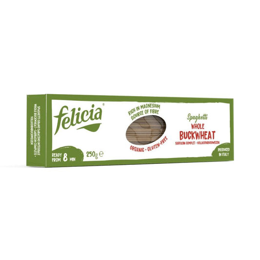 Box of Felicia whole buckwheat spaghetti on a white background