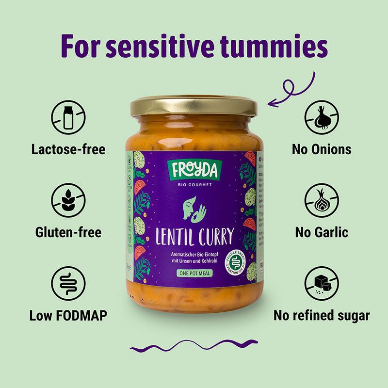 Jar of Froyda Lentil Curry with health benefits listed on a green background