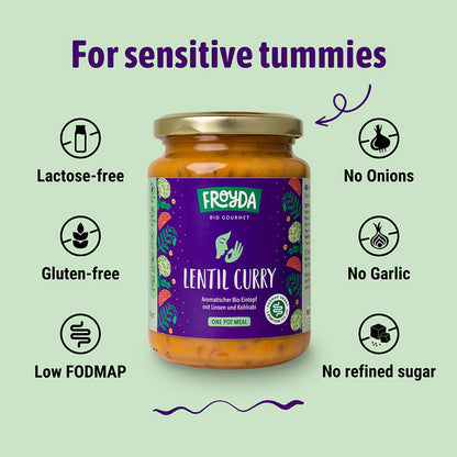 Jar of Froyda Lentil Curry with health benefits listed on a green background