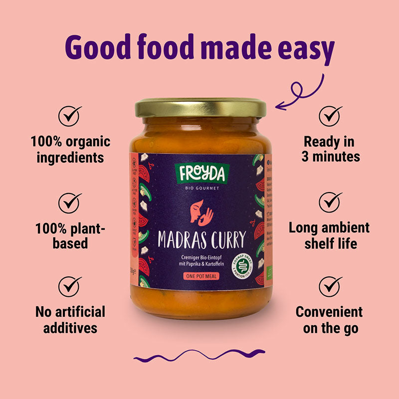 Froyda organic Madras Curry jar - vegan plant-based ready meal