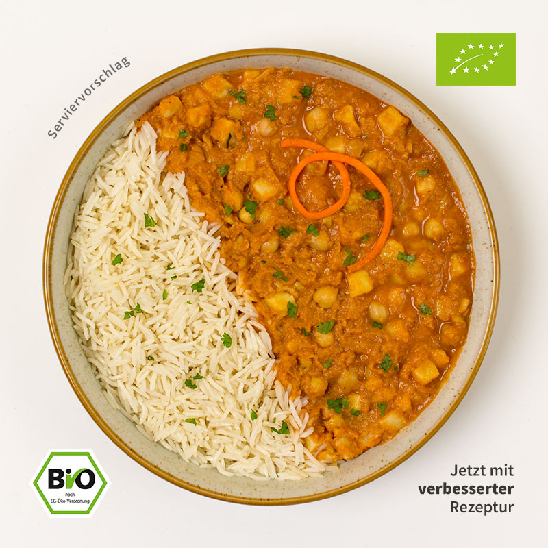 Froyda Bio Kichererbsen Curry serviert mit Reis – veganes Fertiggericht aus Bio-Zutaten
