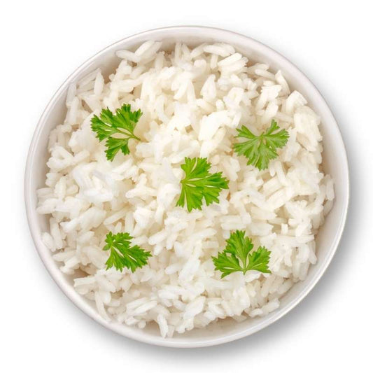 Bowl of rice with white basmati rice and green herbs